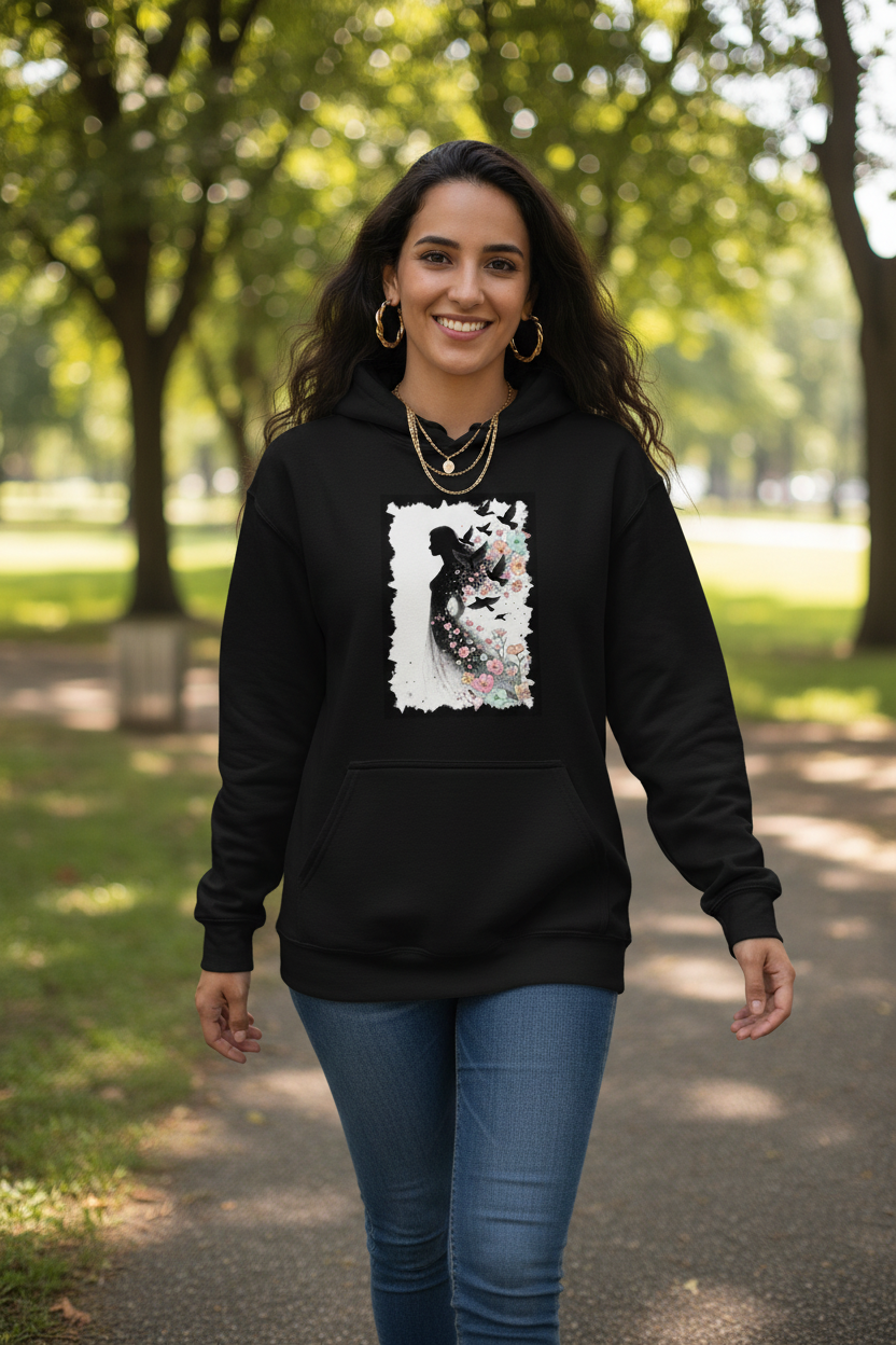 Hoodie Noir Envol Fleuri - jeune femme orientale colliers