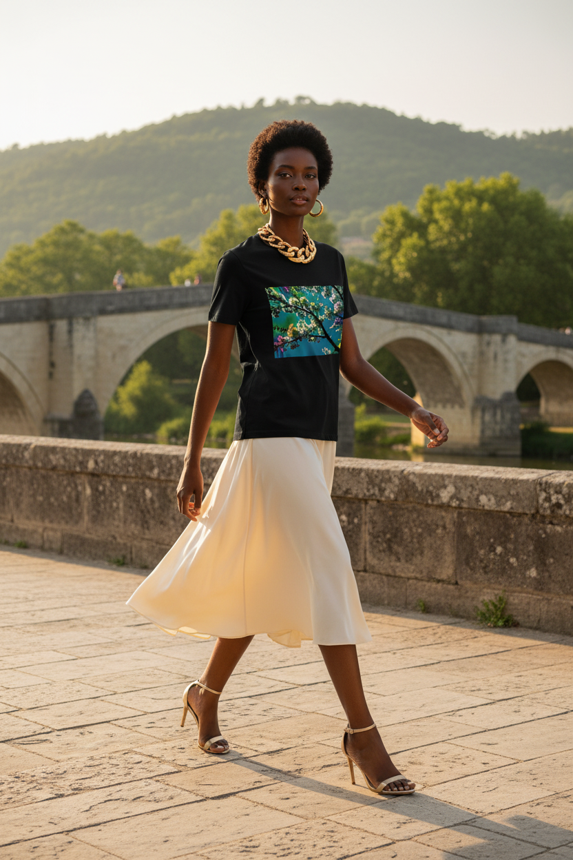 Cerisiers en Lumière – T-shirt noir, pont en pierre, jupe crème