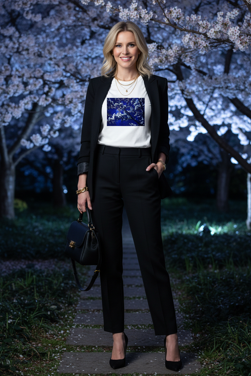 Cerisiers Nocturnes – Blanc, veste noire, jardin nocturne