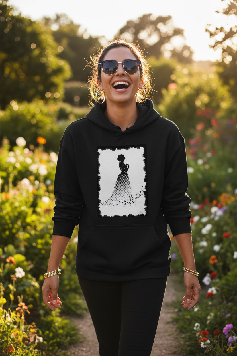 Hoodie Noir Silhouette Céleste - femme latina pose dynamique