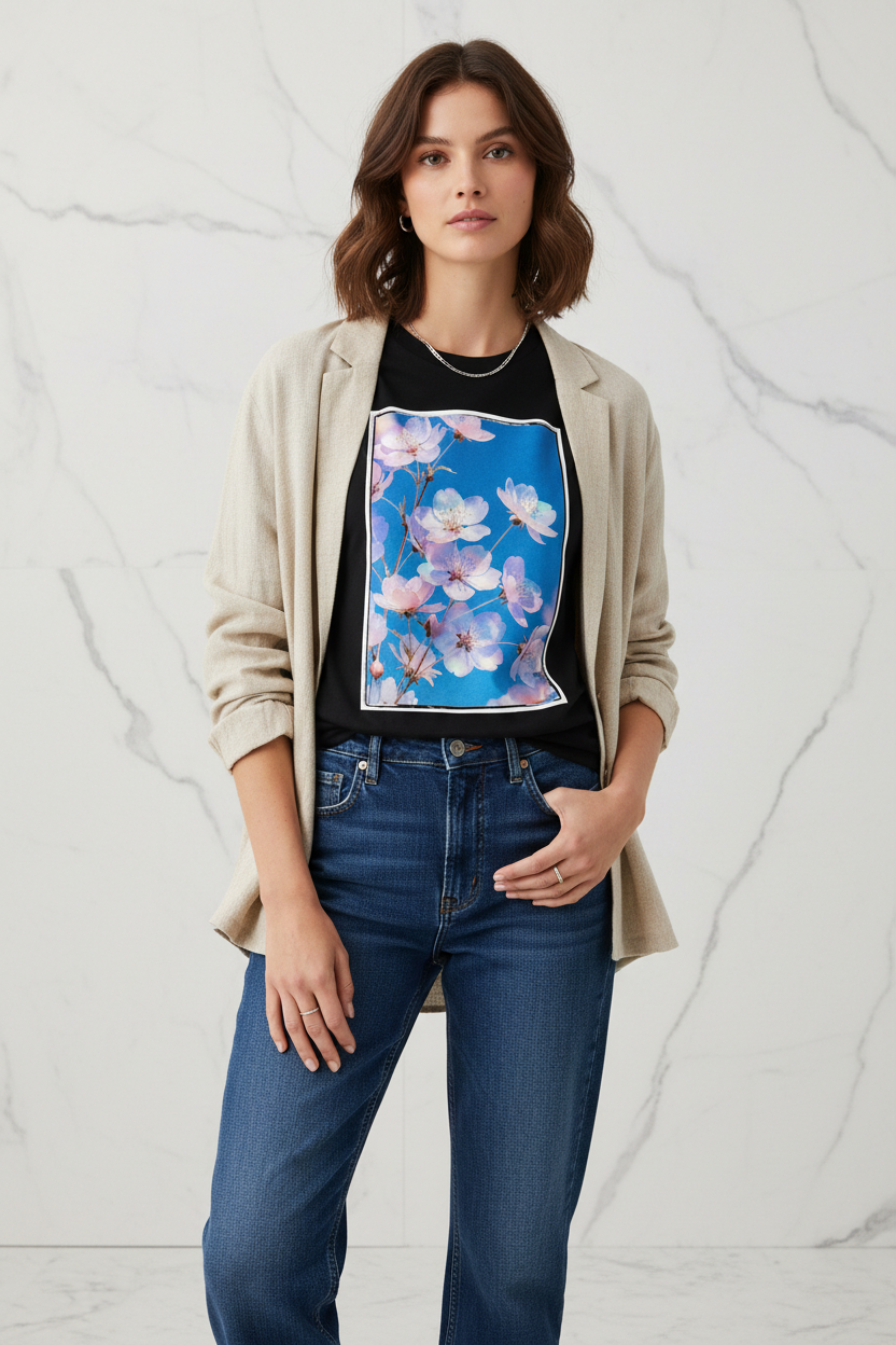 JARDINS DE VERRE – T-Shirt Nacre Florale – Noir – Visual 1