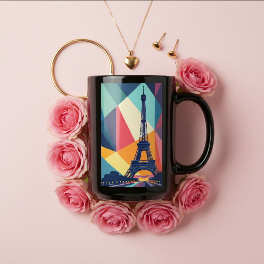 Mug Noir Géométrique – Flat lay roses