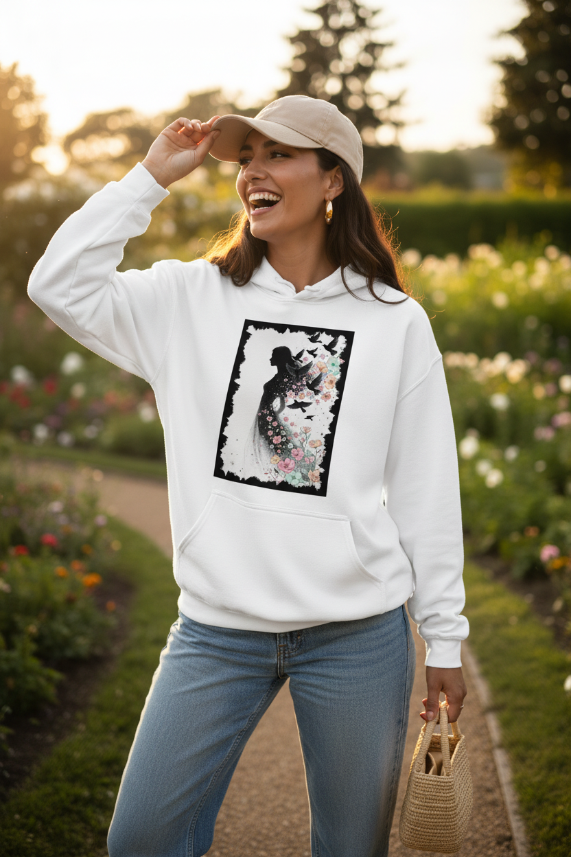 Hoodie Blanc Envol Fleuri - casquette boucles dorées