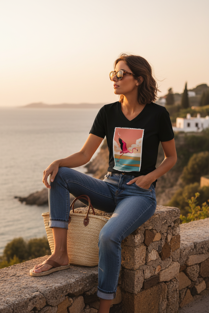 Femme portant le t-shirt Flamingo Coast assise sur rocher, style éditorial