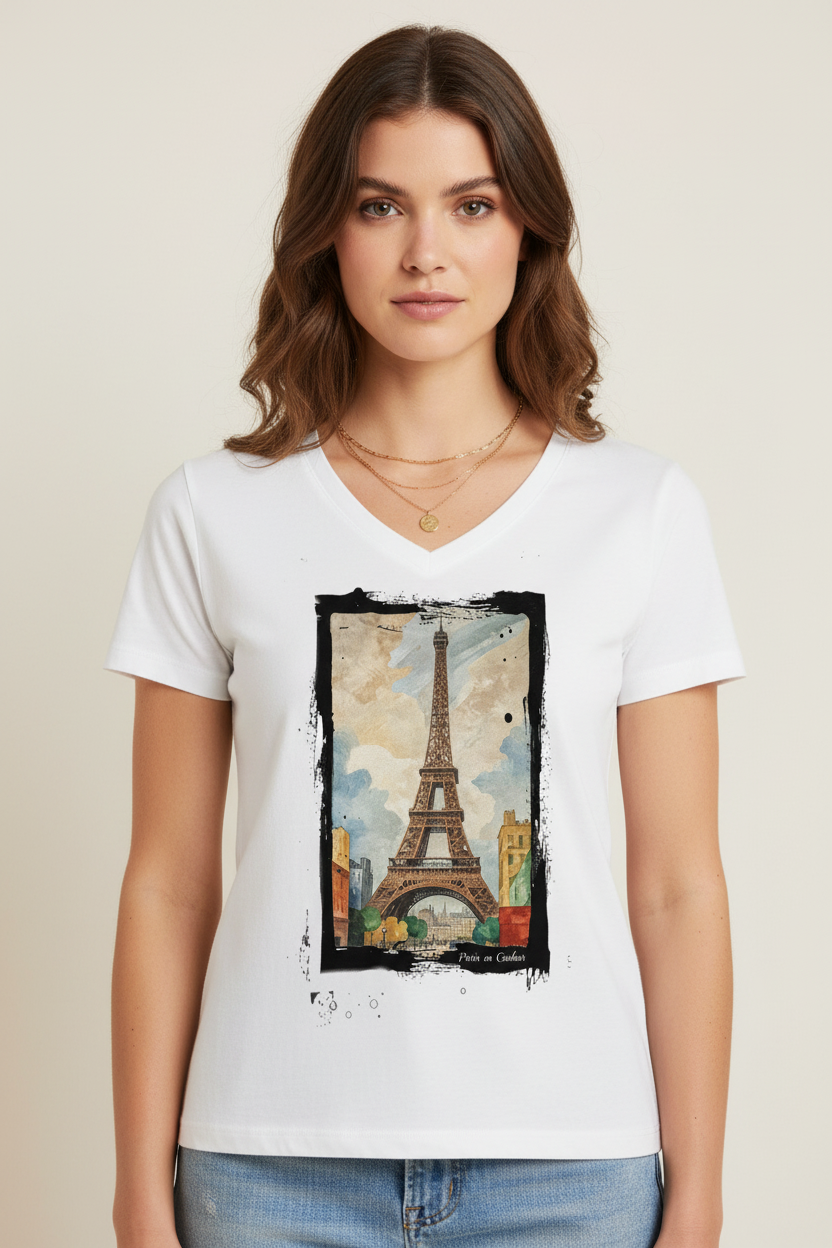 Paris en Couleur Col V Blanc – Fond crème