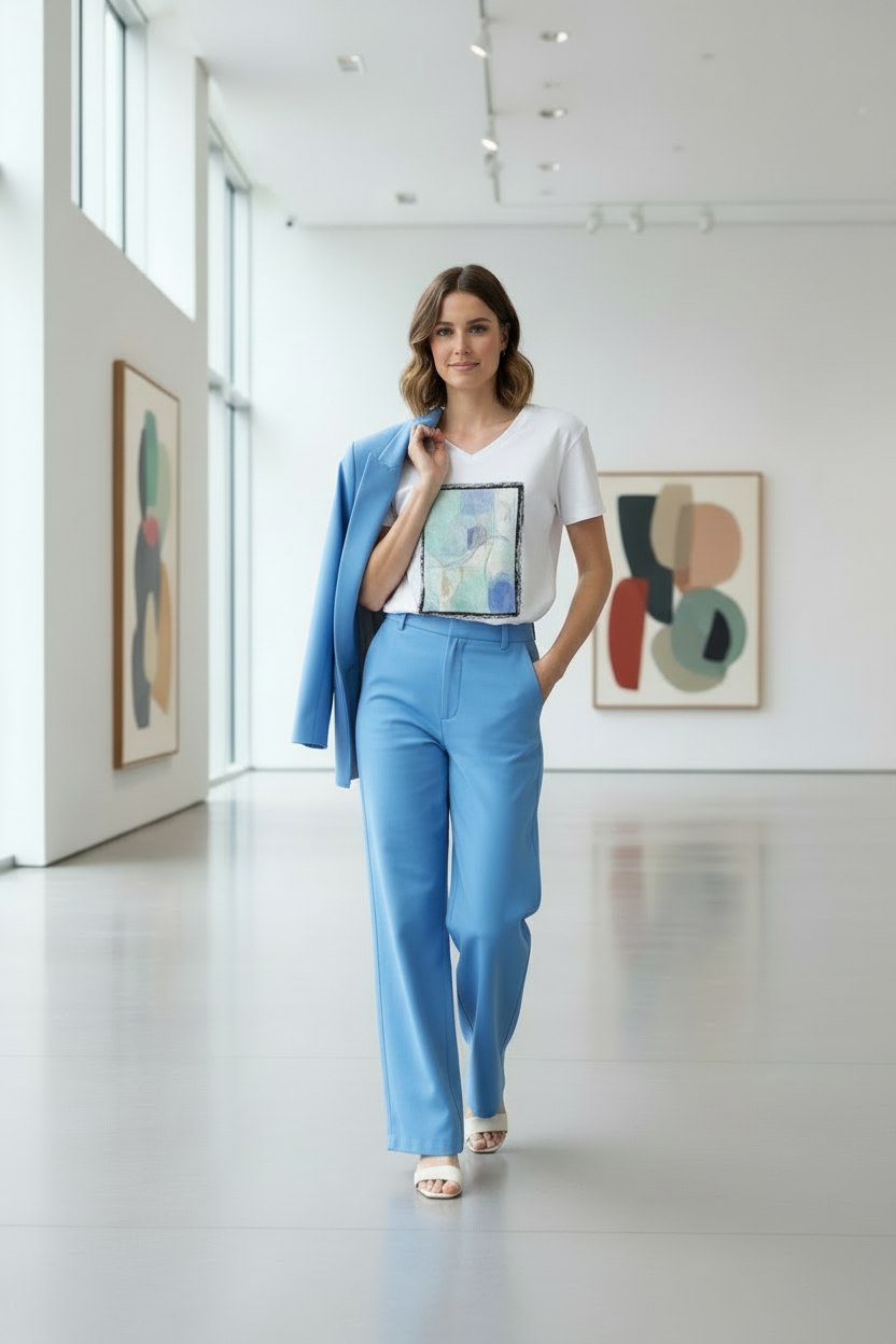 T-Shirt Blanc Aqua Doré – Tenue bleu ciel galerie